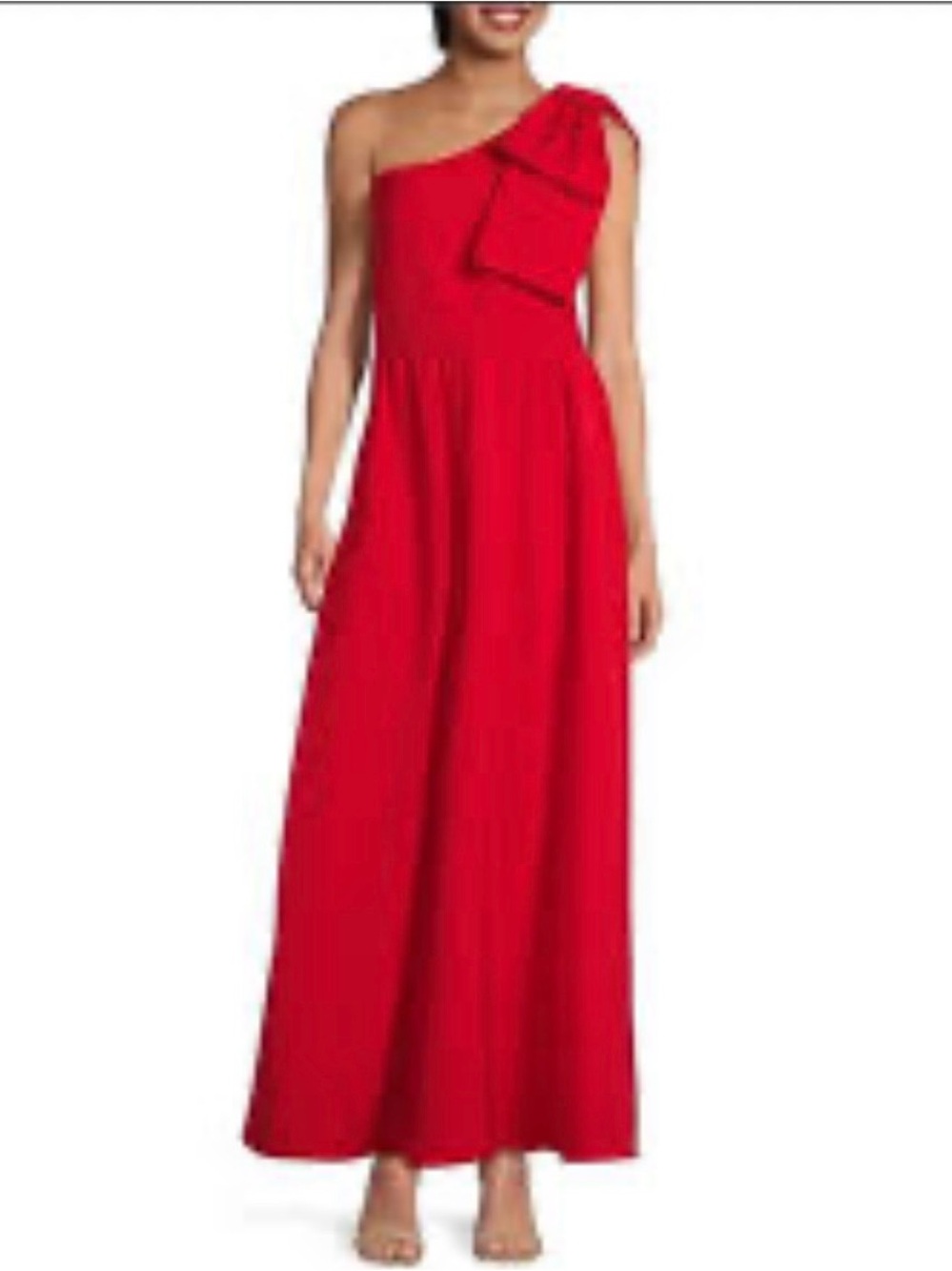Abbey Glass Fiery Red Elegant One Shoulder Maxi Dress Bow Black Tie Formal Sz M